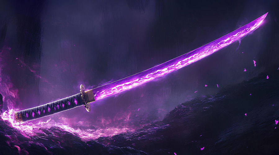 A glowing purple sword against a dark, mystical background.
