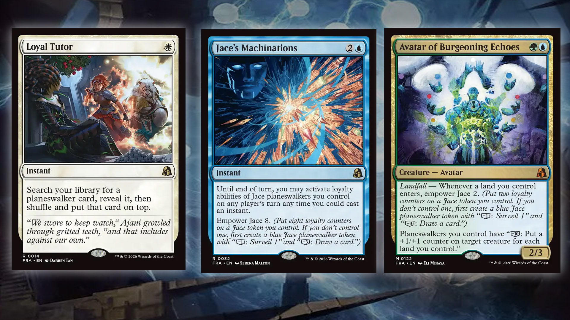 Three Cards that interact with the Empower Jace mechanic from the upcoming MTG Reality Fracture set.