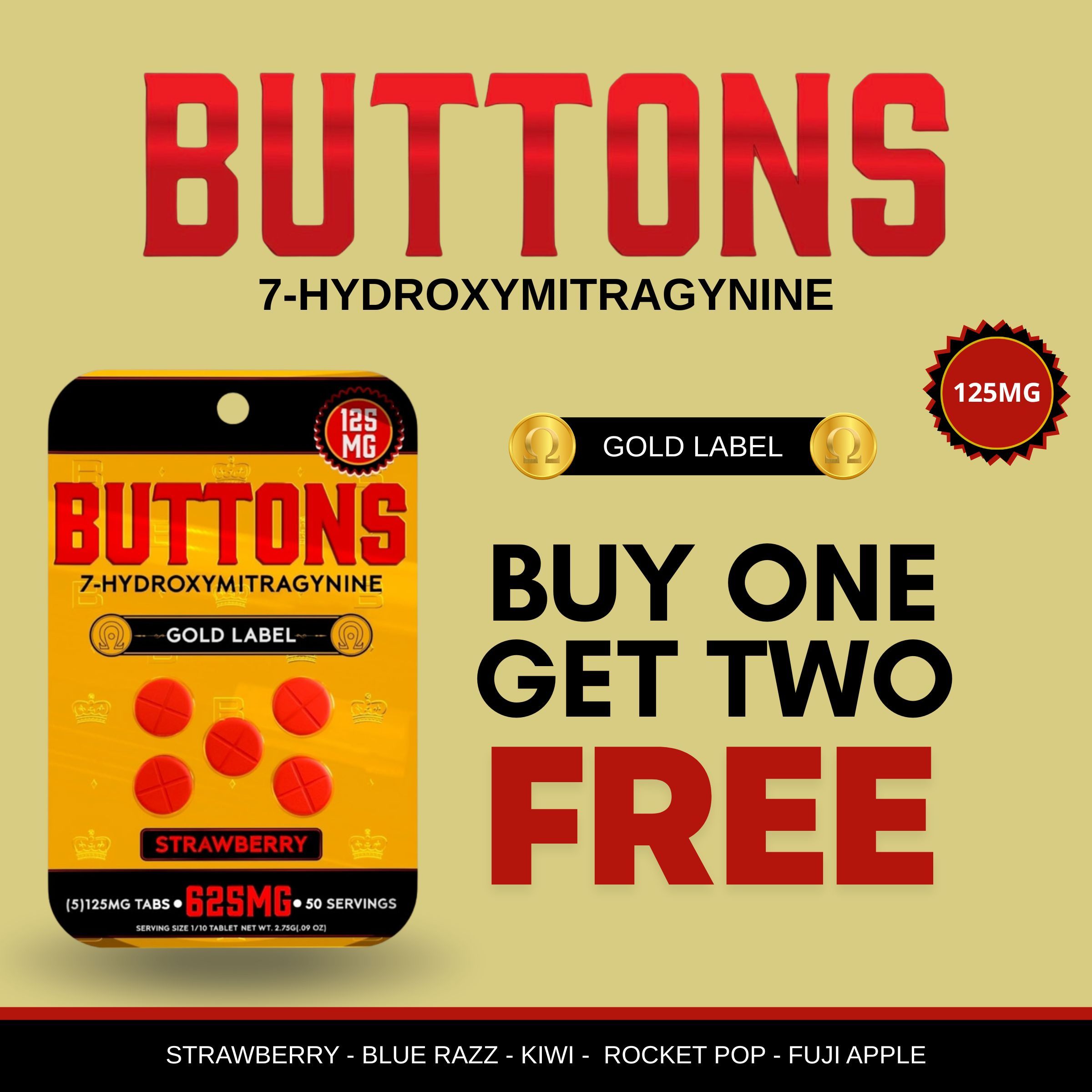 Buttons 7-Hydroxymitragynine product with promotional offer and flavor options.