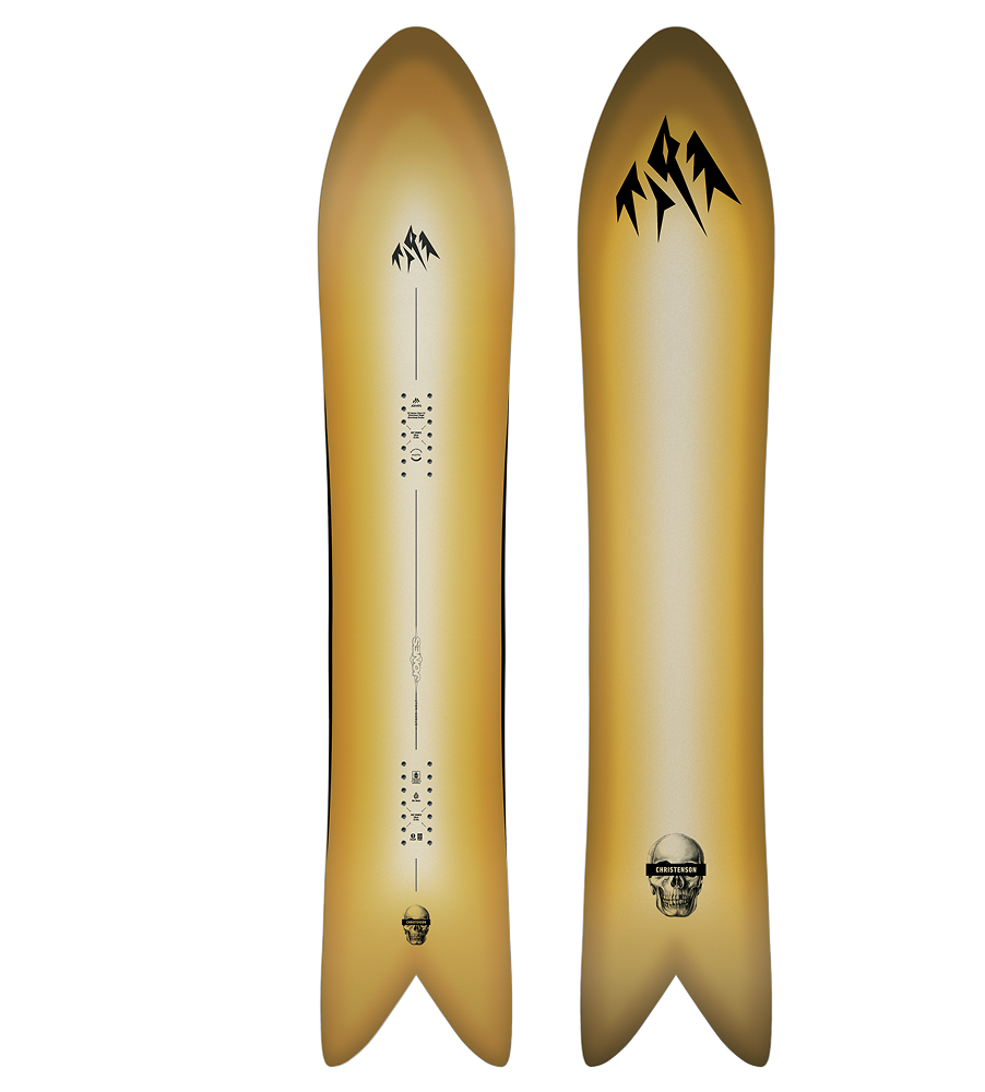 Snowboard with a gold finish and graphic designs on both sides.