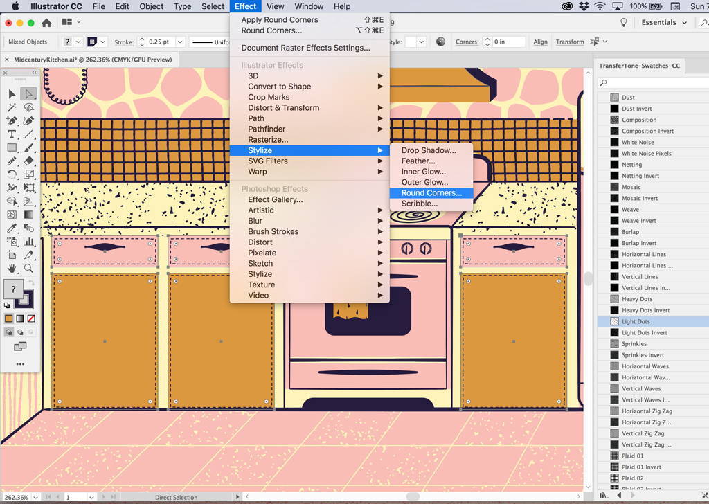 Rounding corners in Adobe Illustrator using the Effect, Stylize, and Round Corners menu options