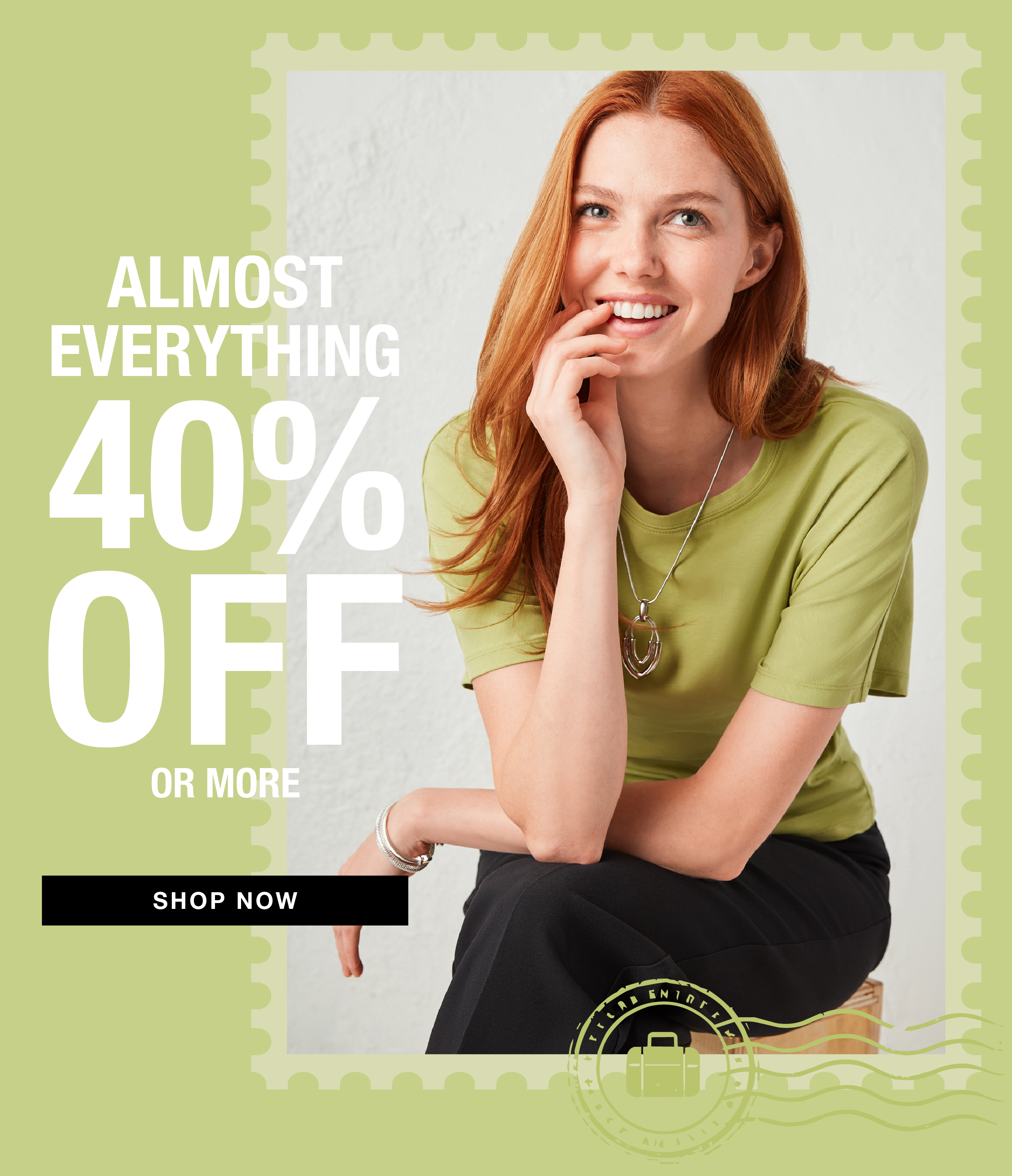Woman smiling in a green shirt. Almost everything 40% off or more.