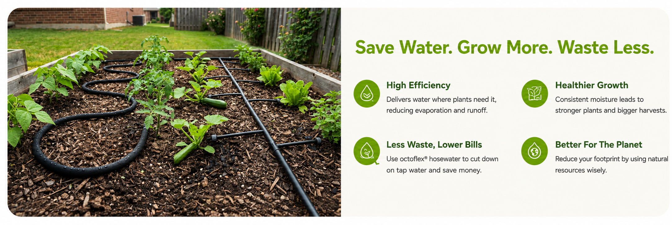 Garden bed with plants and drip irrigation system, promoting water conservation.