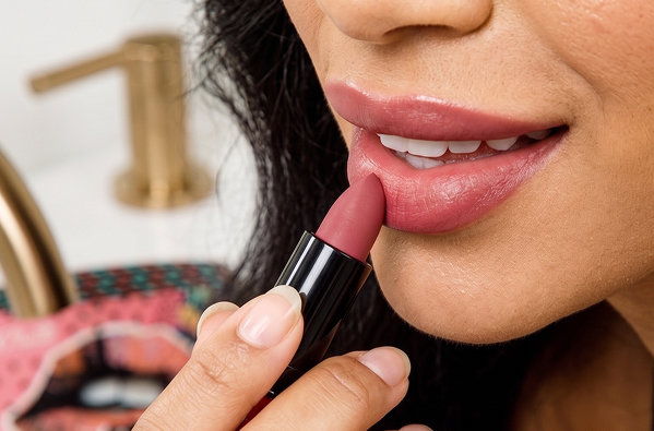 Woman applying nude lipstick with a smile.