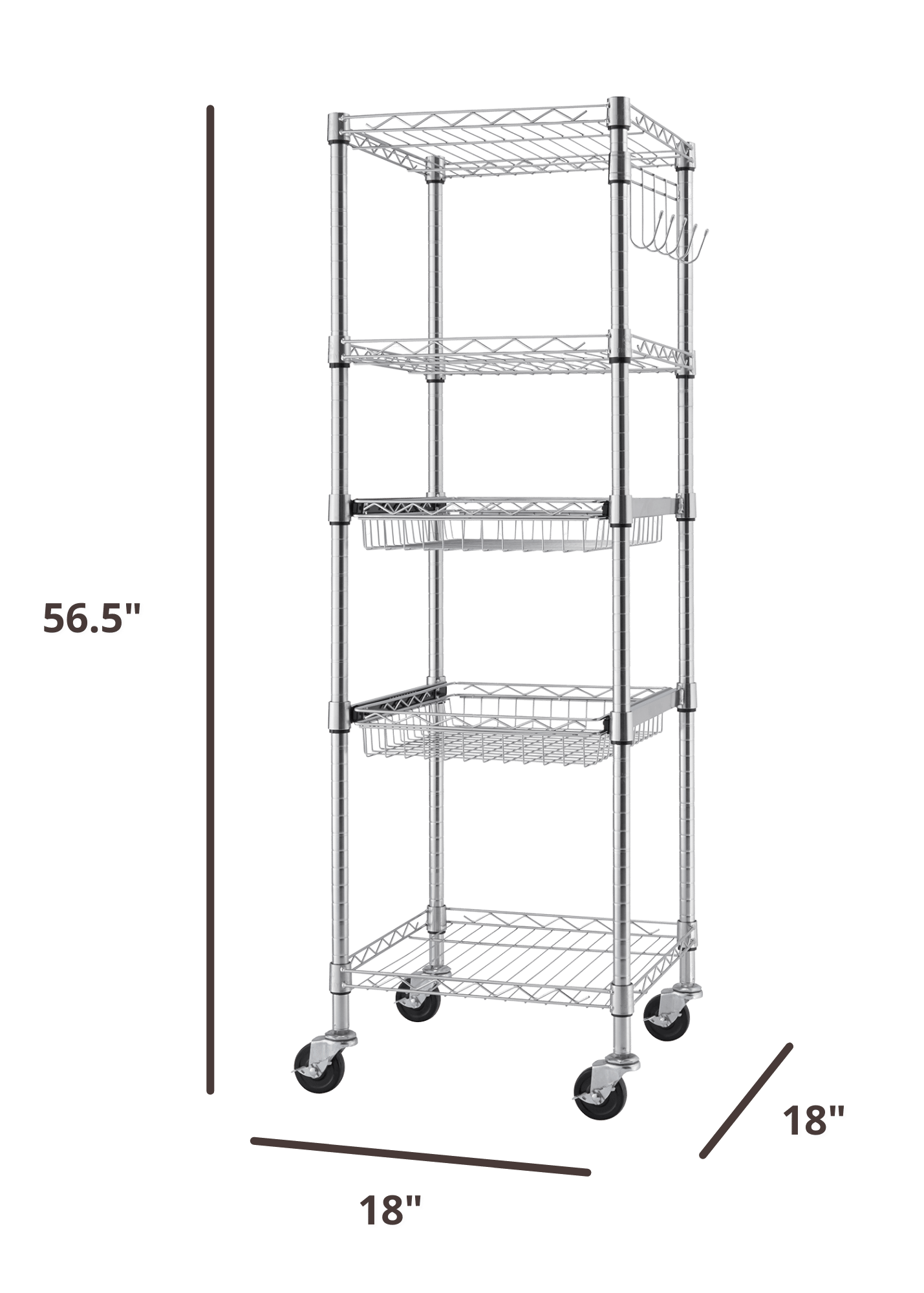 56.5 inches tall by 18 inches wide by 18 inches deep wire shelving rack