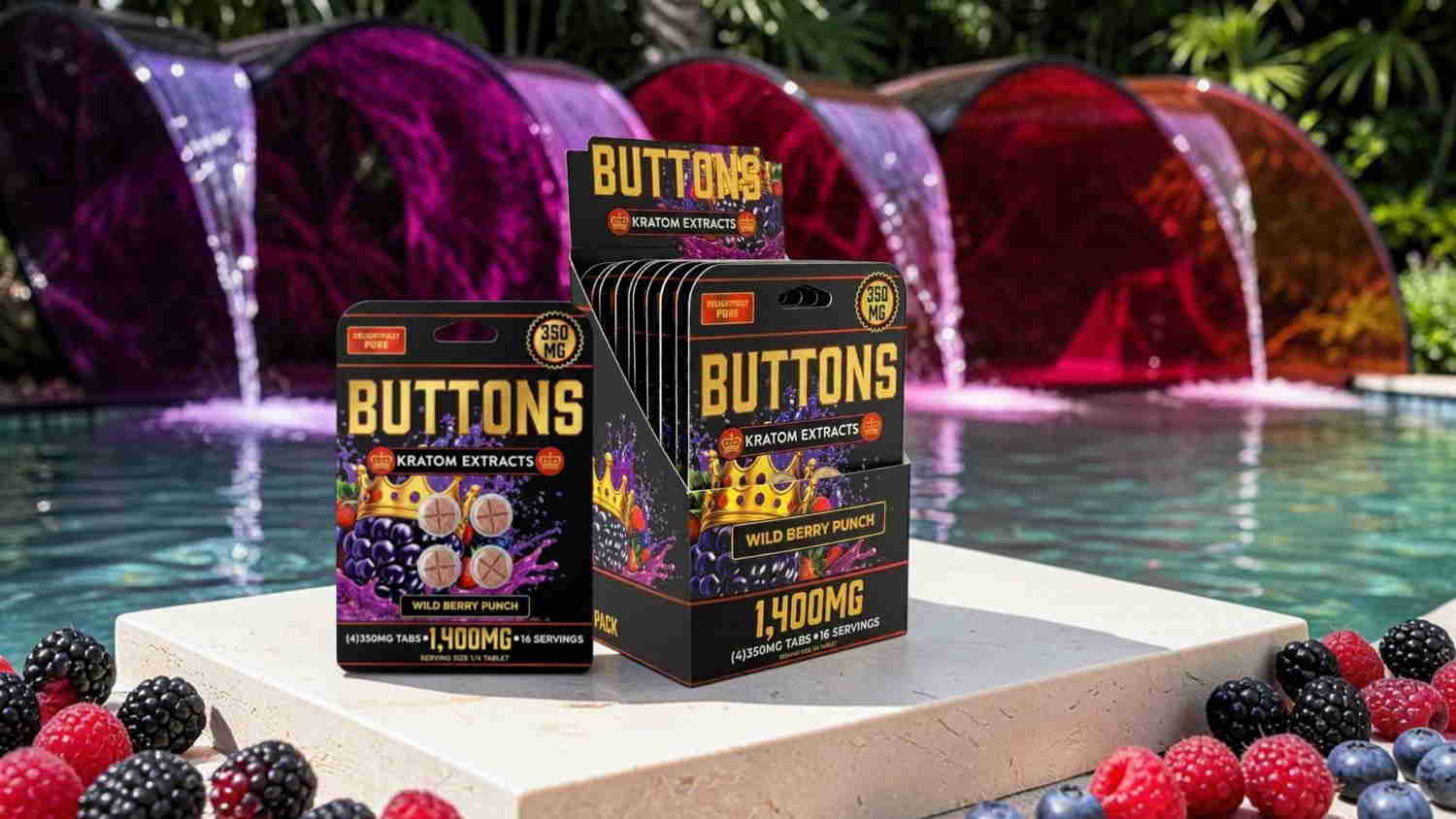 Boxes of buttons on a table near colorful fountains and berries.