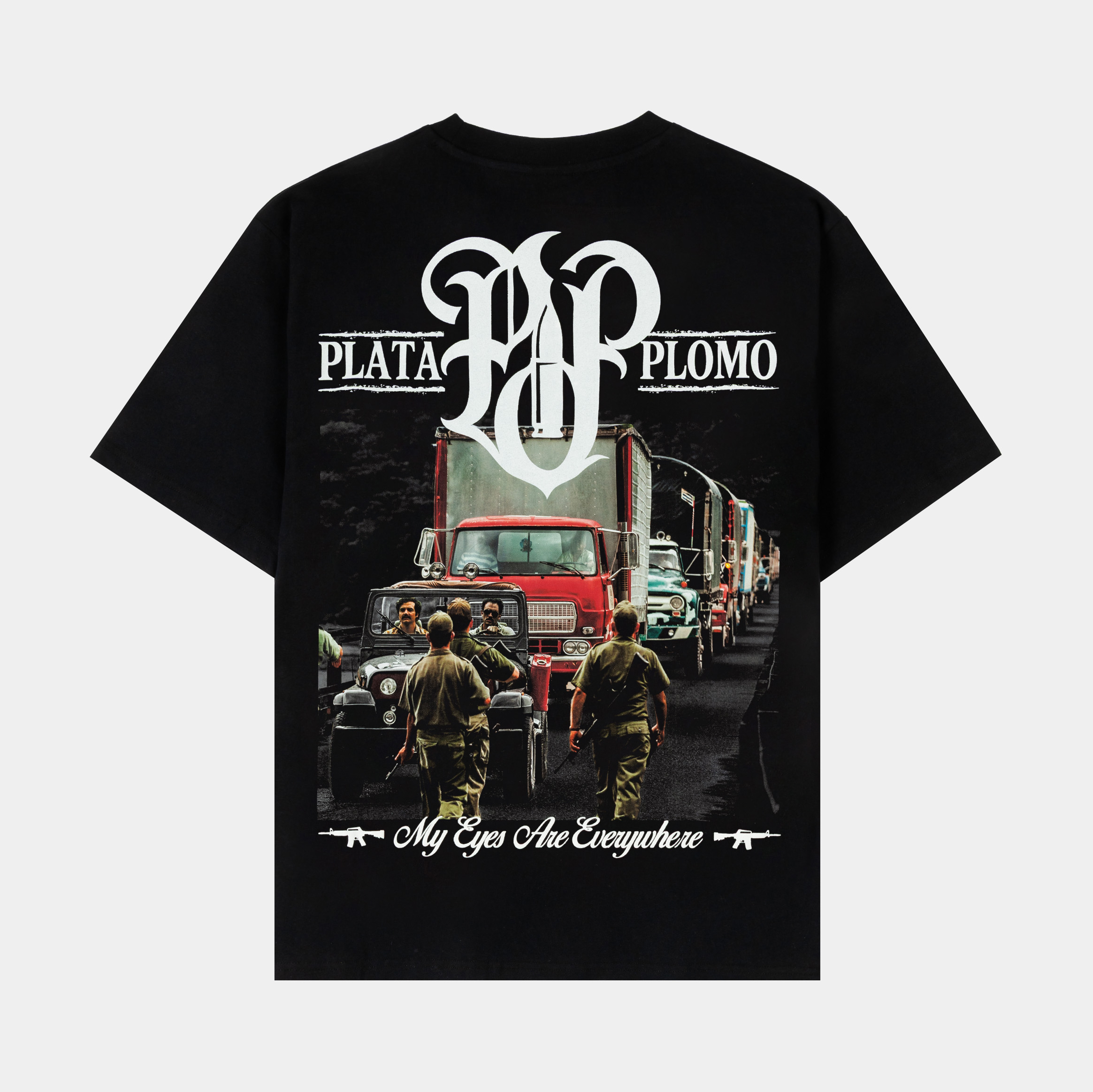Black t-shirt with a graphic print of a person outdoors.