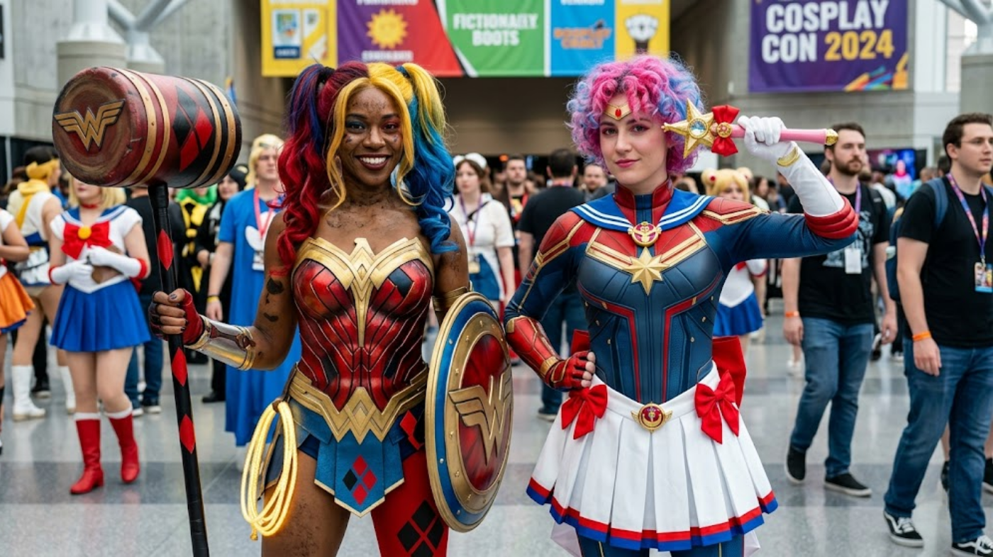 Group of mashup cosplayers wearing creative crossover costumes blending different characters, universes, and aesthetics, featuring detailed cosplay outfits, wigs, makeup, and props at a cosplay event or convention photoshoot