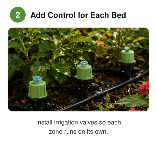 Irrigation valves installed in a garden bed for controlled watering.