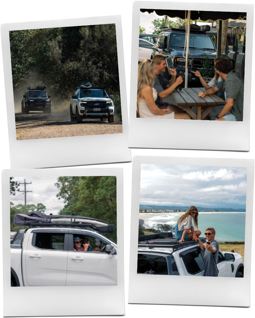 A collection of polaroids of vehicles and outdoor activities