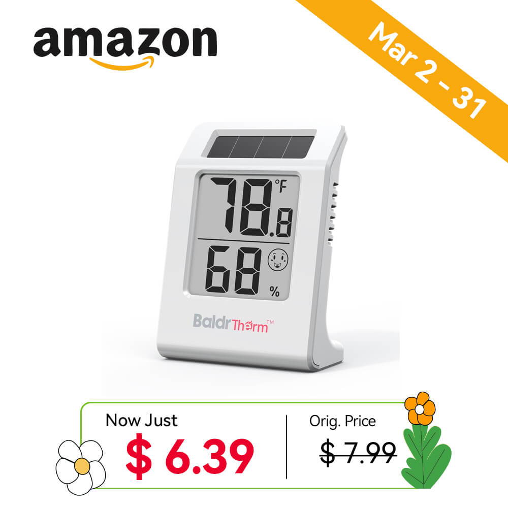 Digital thermometer displaying temperature and price information from Amazon.