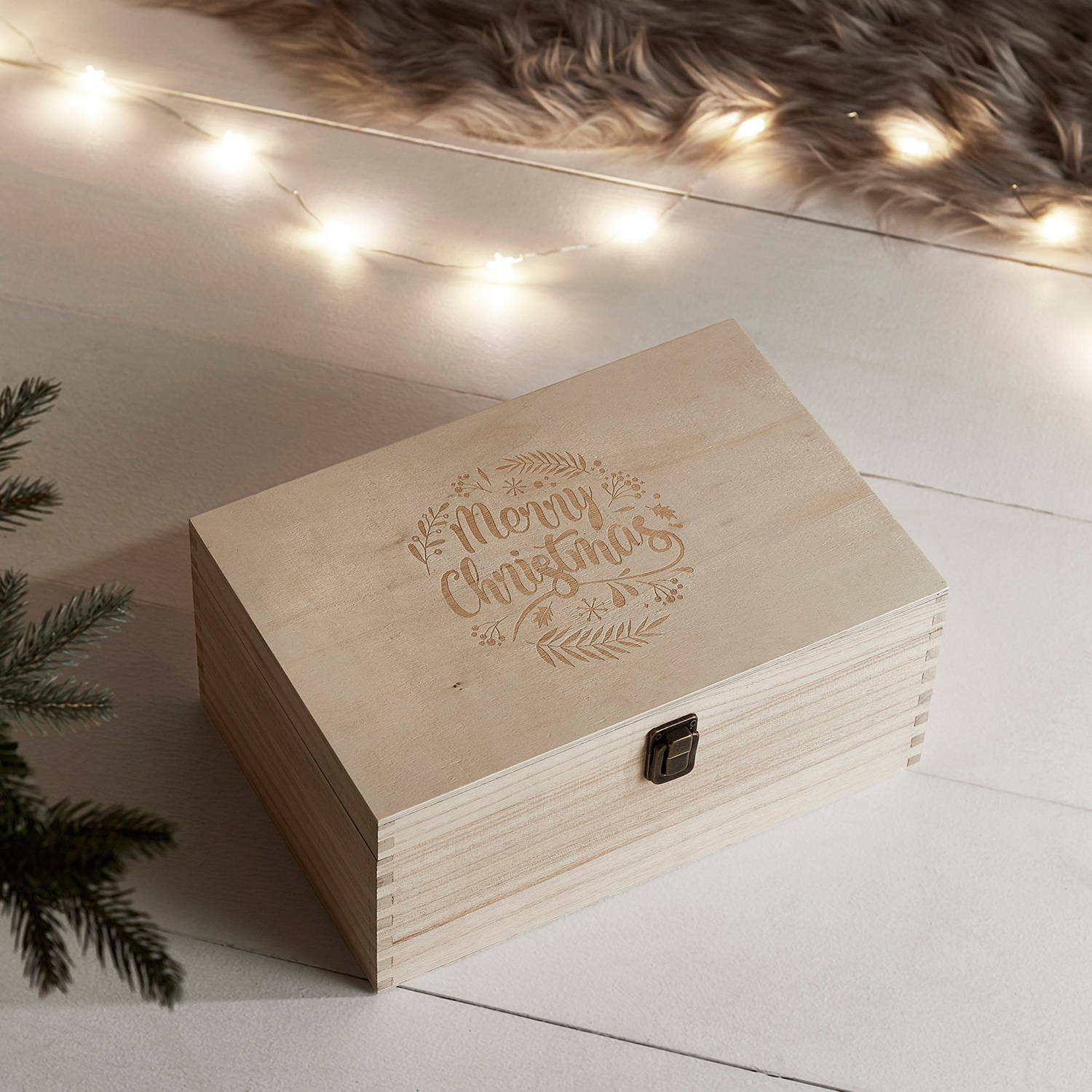 Light Up Wooden Christmas Eve Box closed hiding the gifts inside
