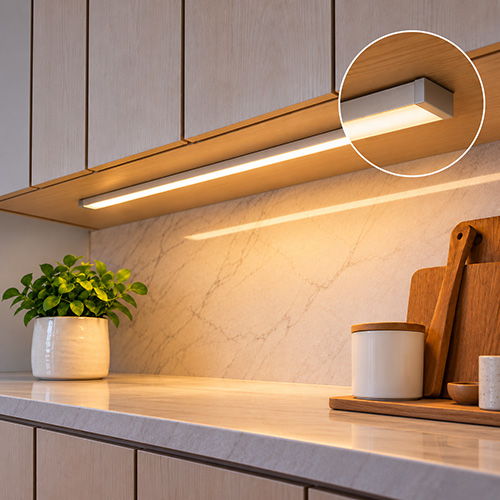 Modern kitchen with under-cabinet lighting and potted plant on countertop.