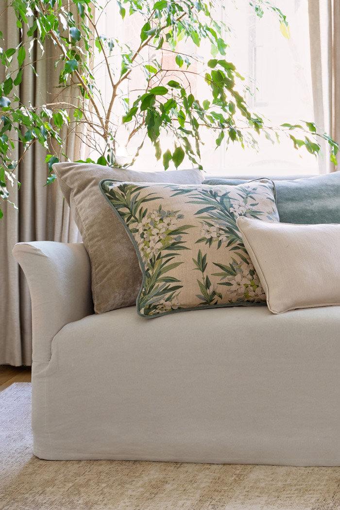 Couch with decorative pillows and a nearby potted plant.