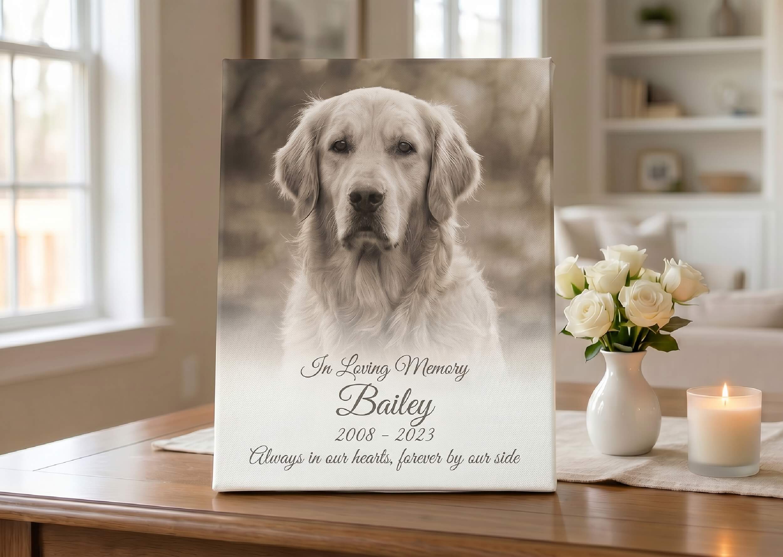 A framed tribute to a dog named Bailey on a table.