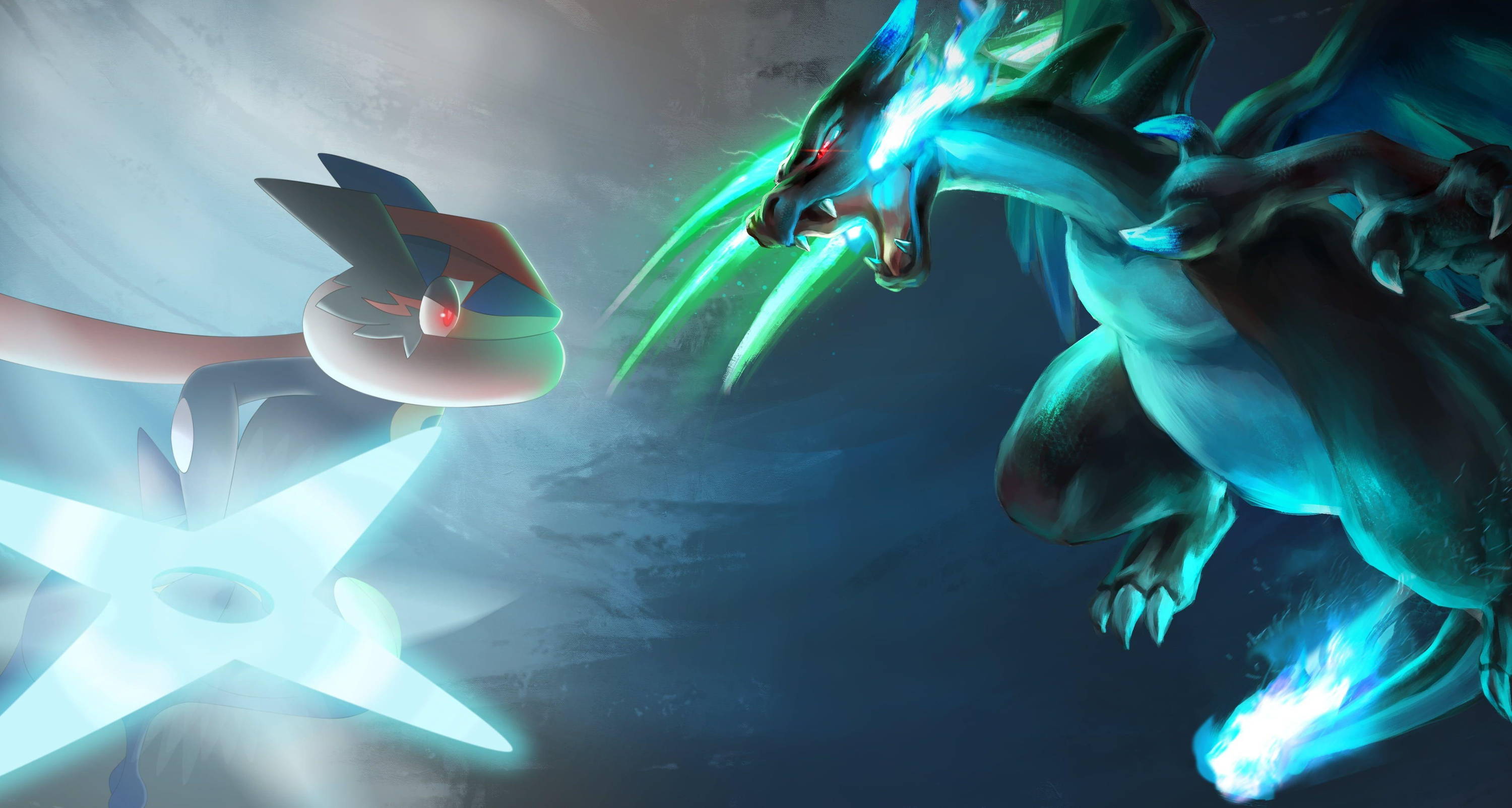 Greninja facing off against Mega Charizard X