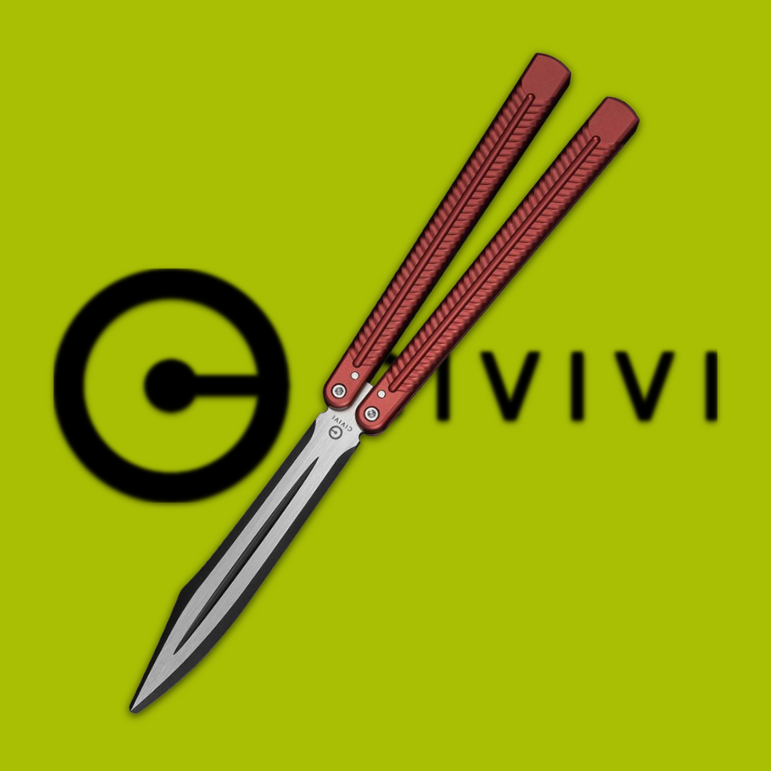 A butterfly knife with red handles on a green background.