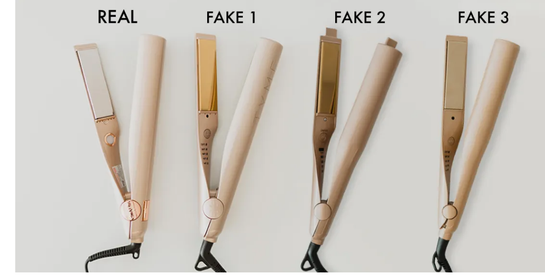 An authentic TYME Iron shown next to counterfeit knockoff irons