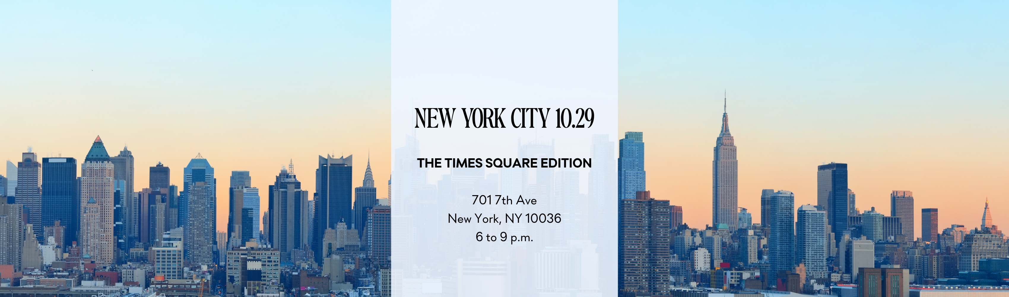 Panoramic skyline view of New York City at sunset.