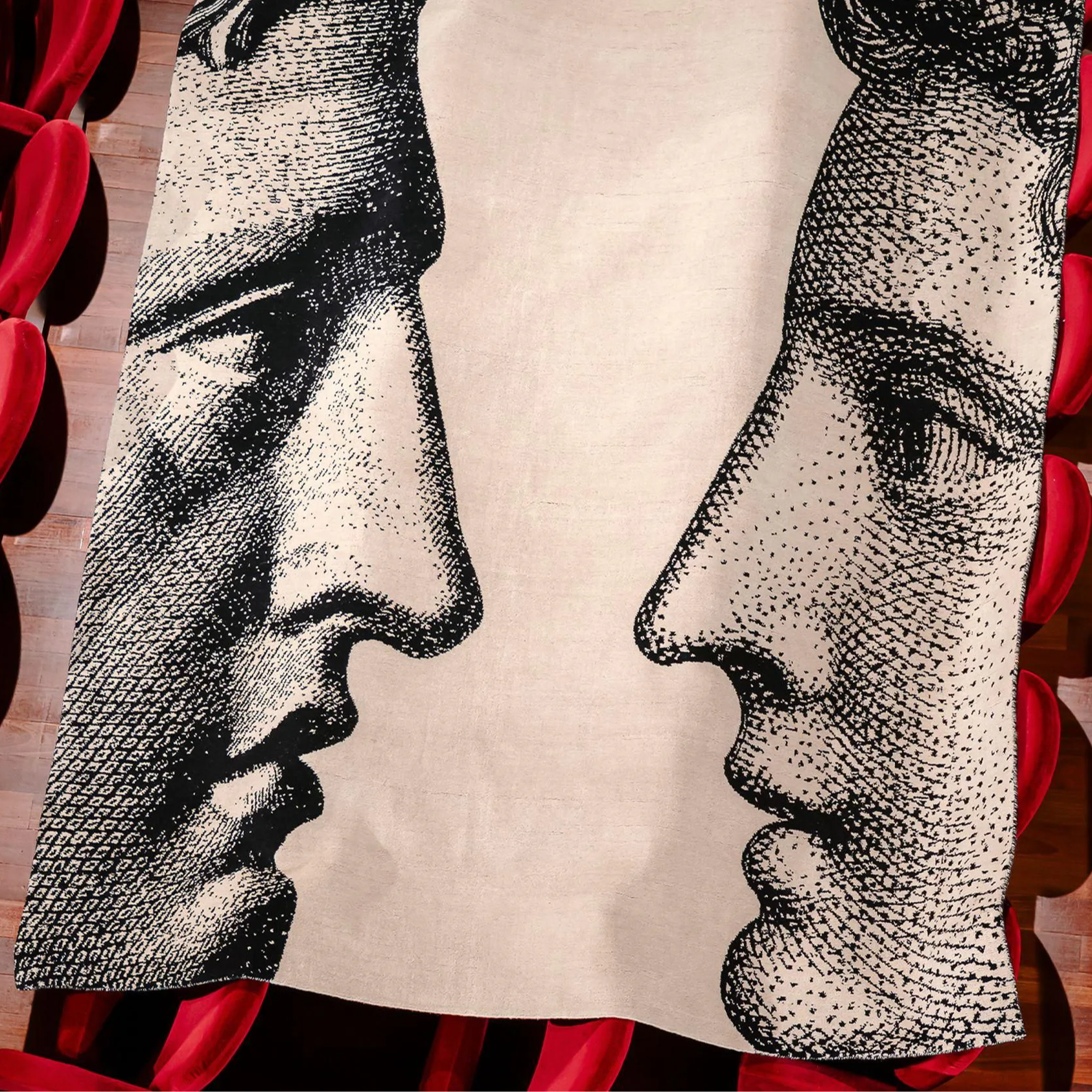 Reg showing Two faces in profile, surrounded by red theater seats.