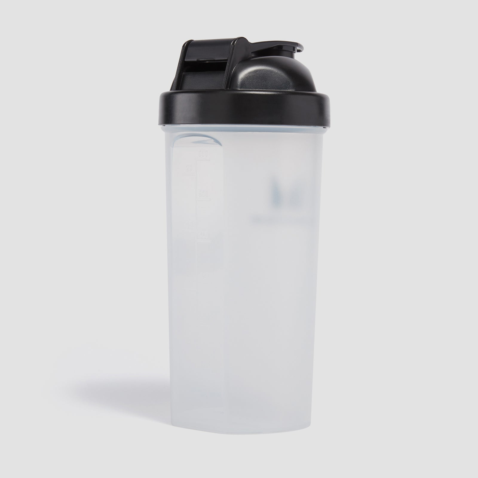 Clear shaker bottle with a black lid and handle.