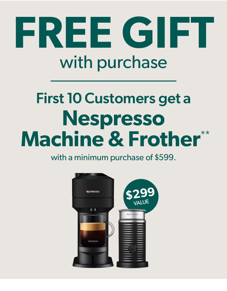 Free gift promotion for Nespresso machine and frother with purchase.