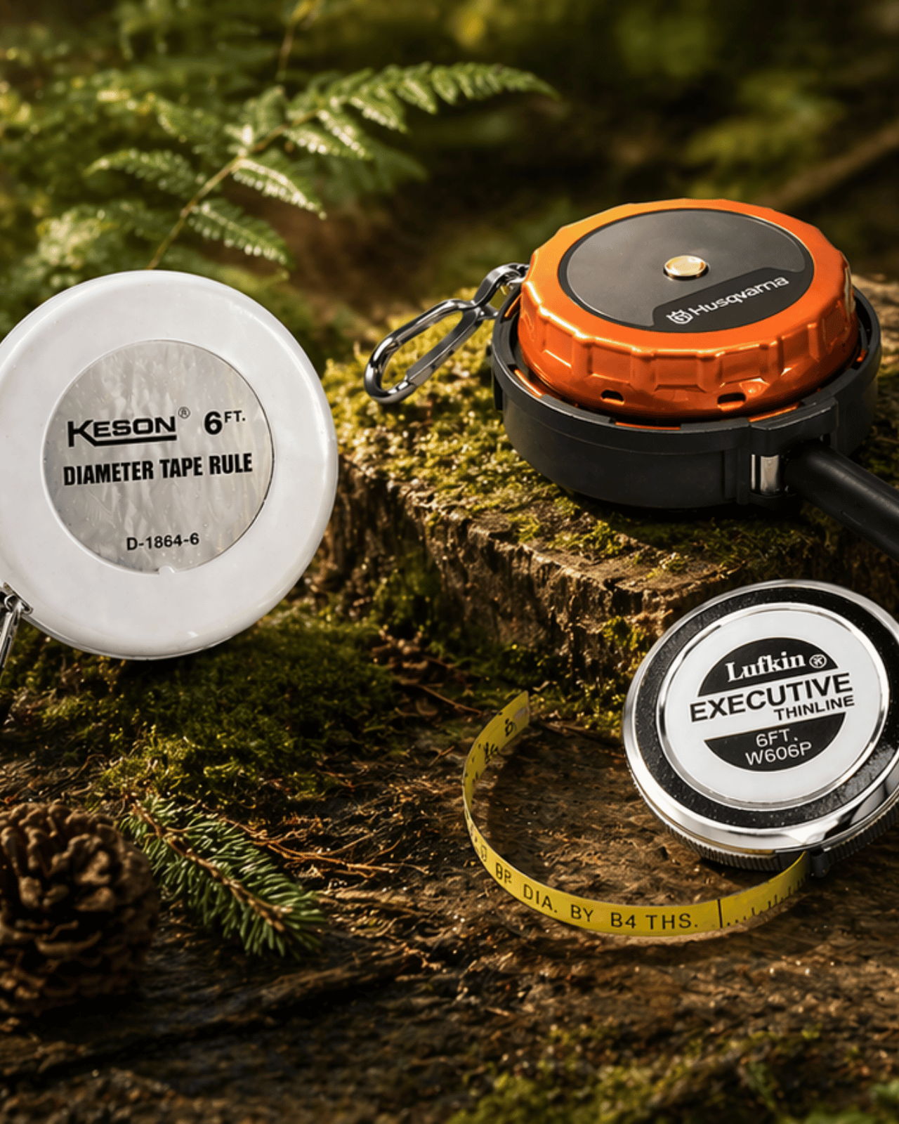 Measuring tapes on a wooden surface surrounded by greenery.