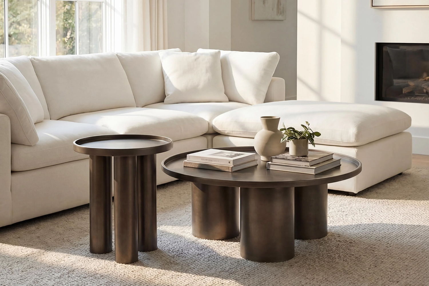 A cozy living room with a white sectional sofa and wooden coffee tables.