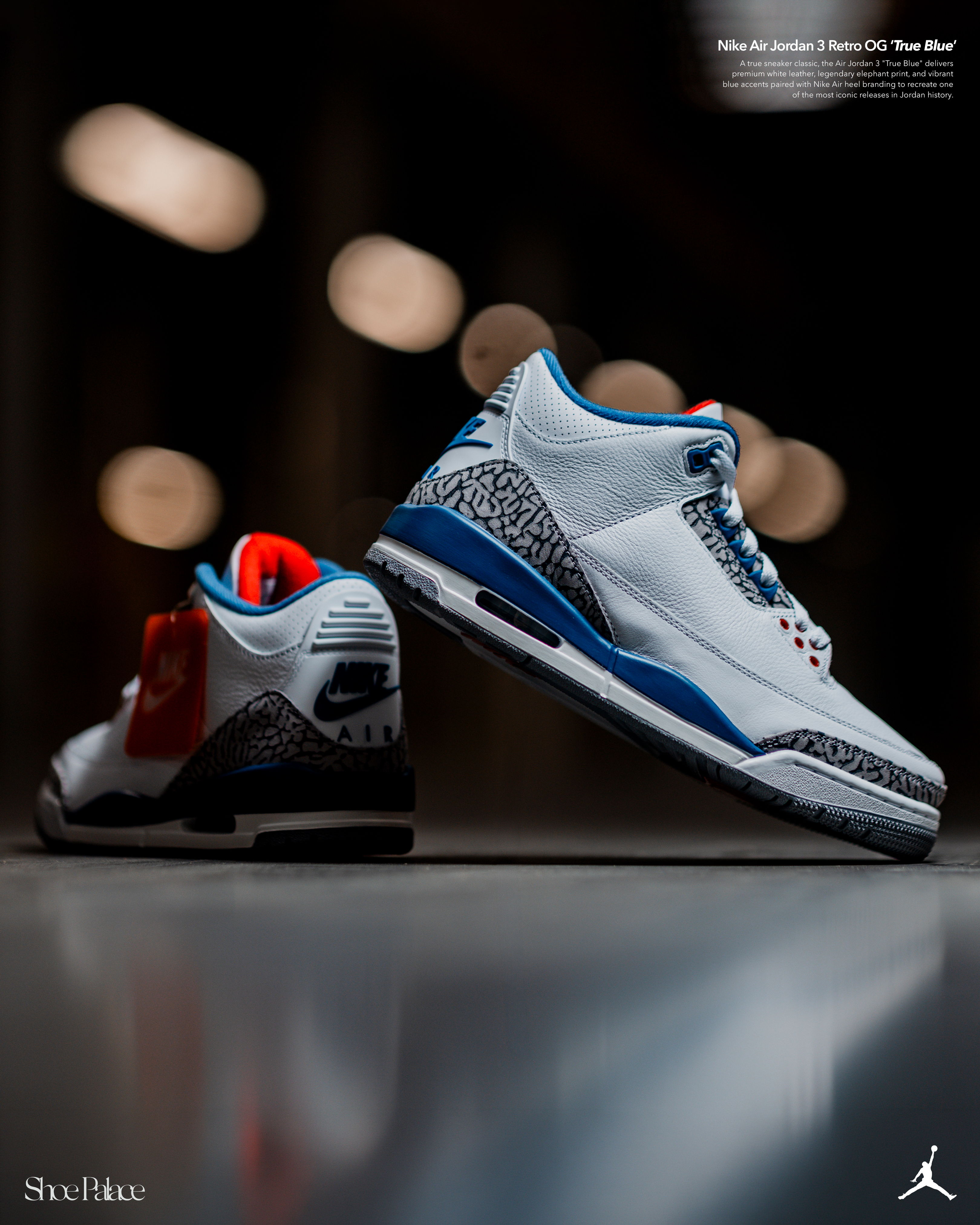 Air Jordan 3 sneakers in white, red, and blue on a reflective surface.
