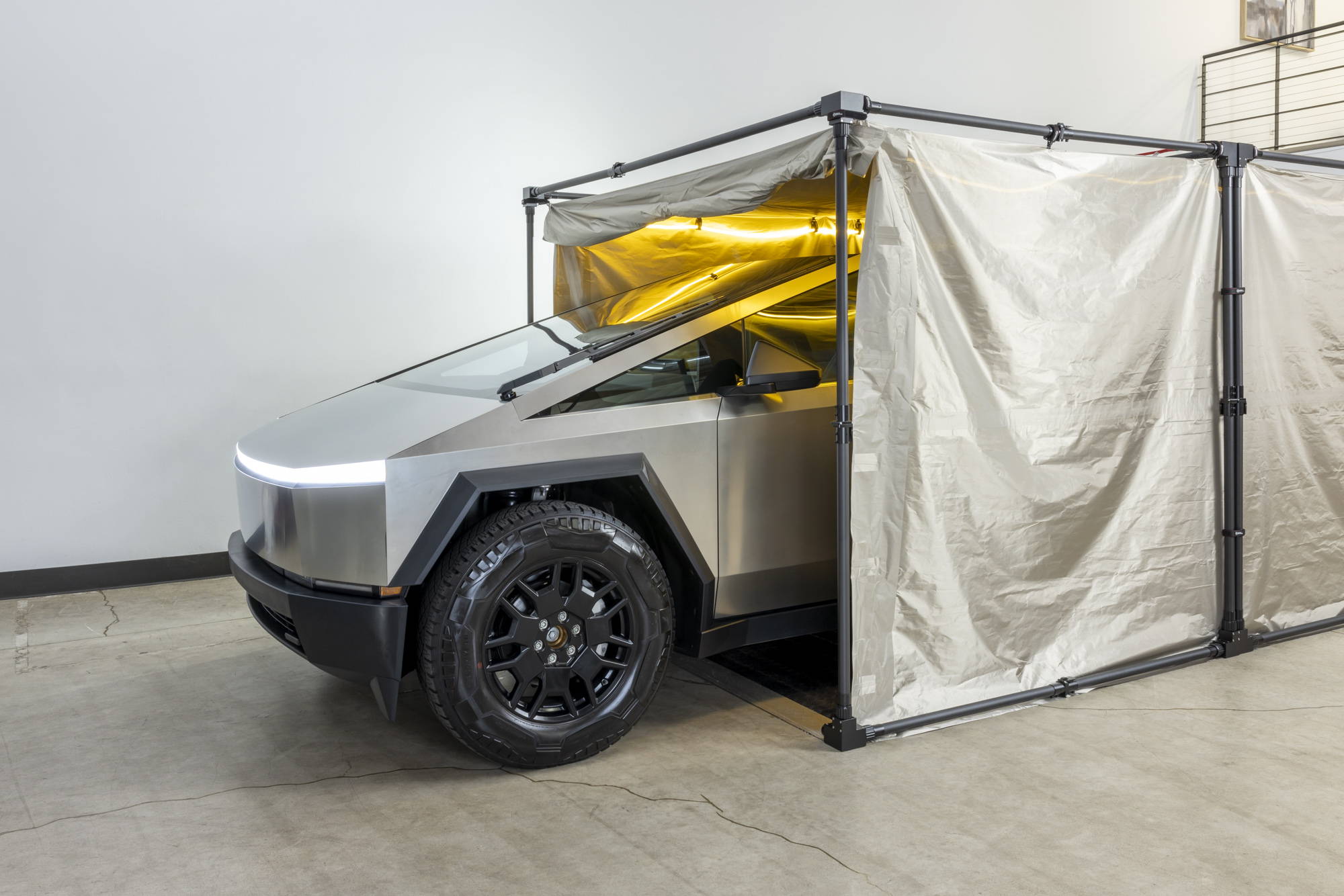 Mission Darkness CYBERCYLENT Faraday Car Cover with Tesla Cybertruck stored inside