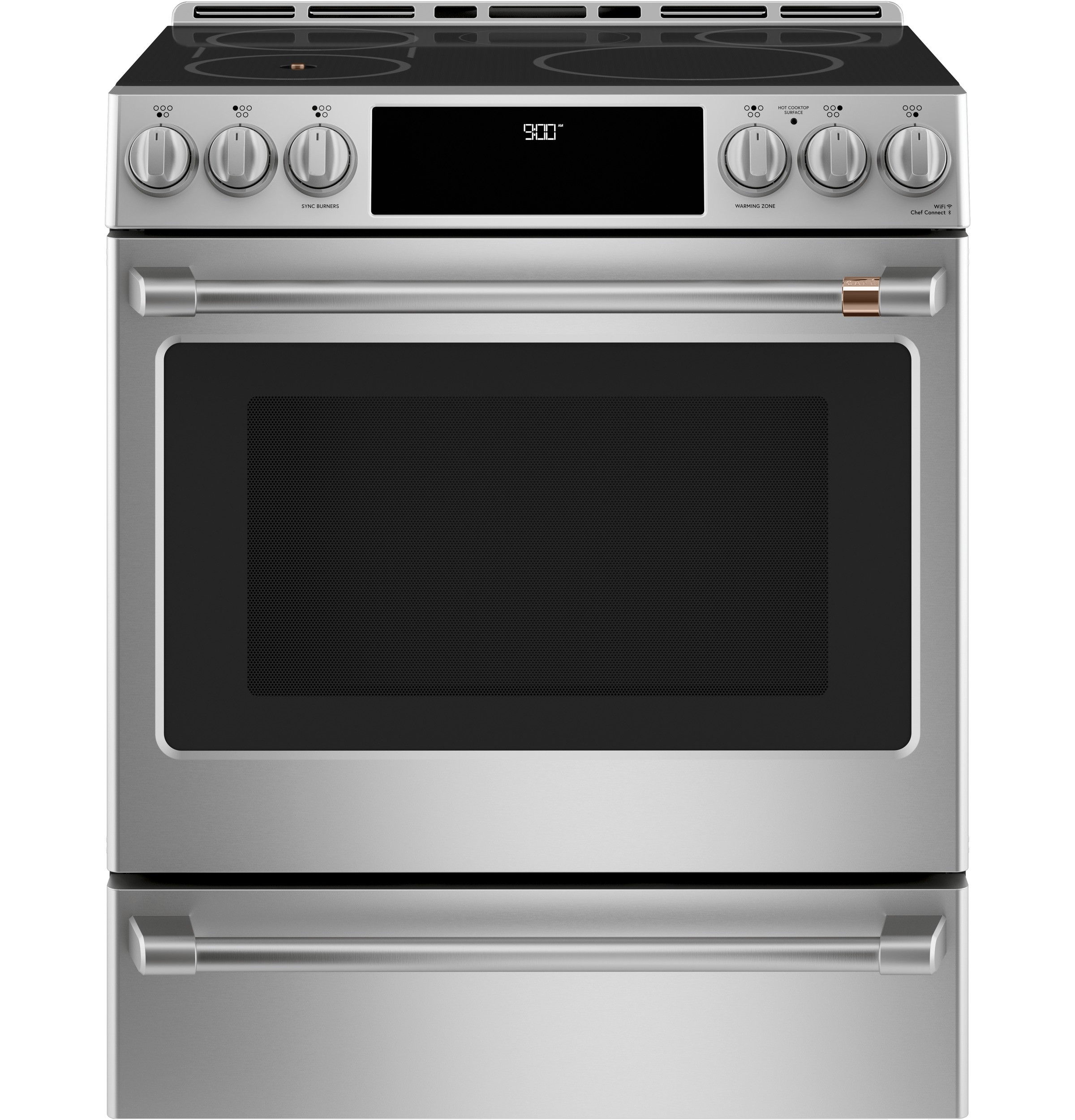 Stainless steel oven with a cooktop and digital display.