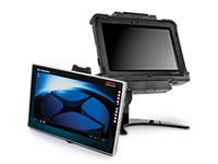 Picture of a tablet computer on a vehicle mountable stand and another vehicle mountable tablet computer
