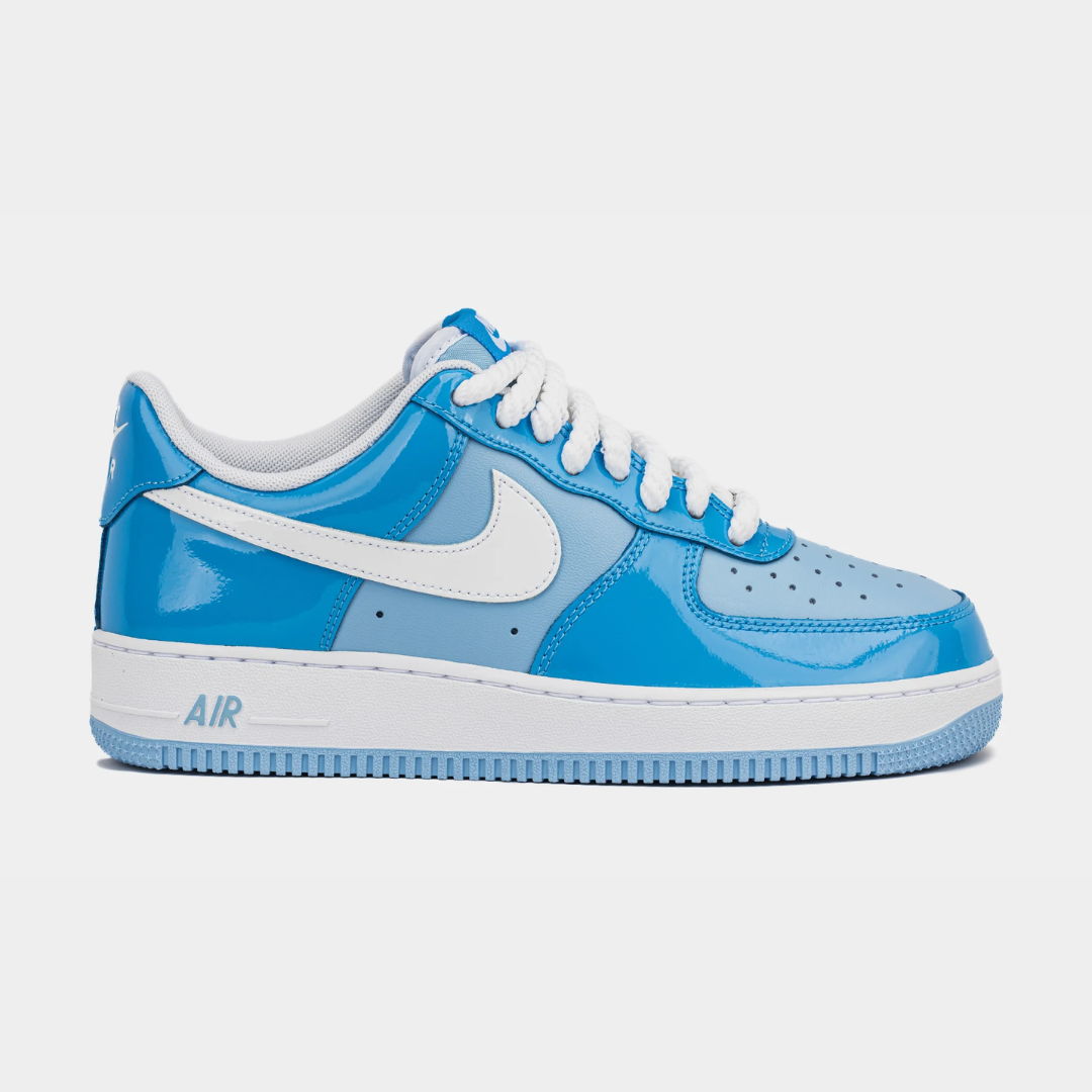 Blue Nike Air Force 1 sneakers with white accents.