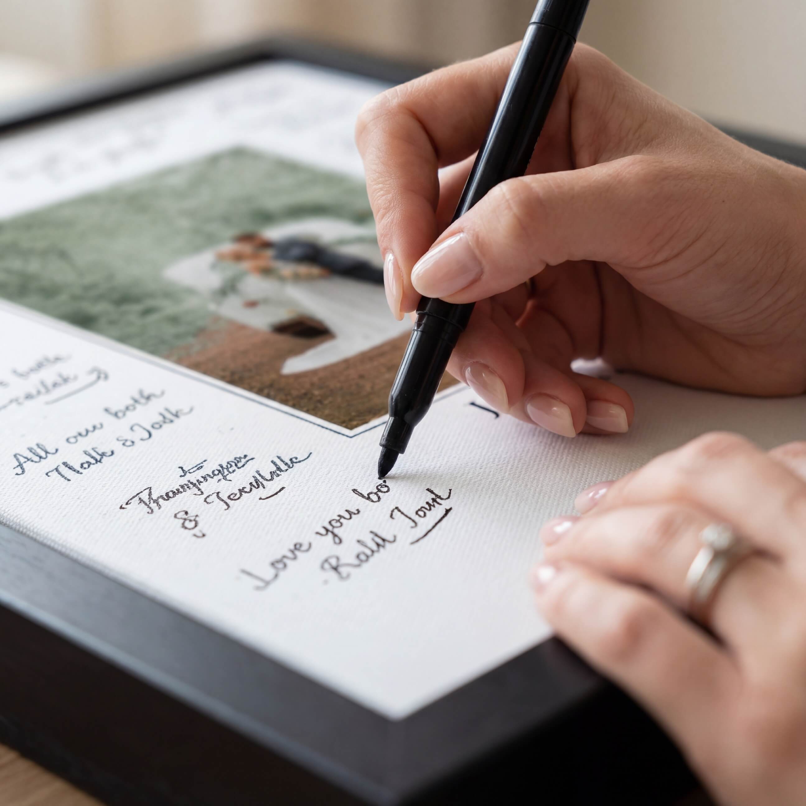 A hand writing on a framed picture with a black pen.