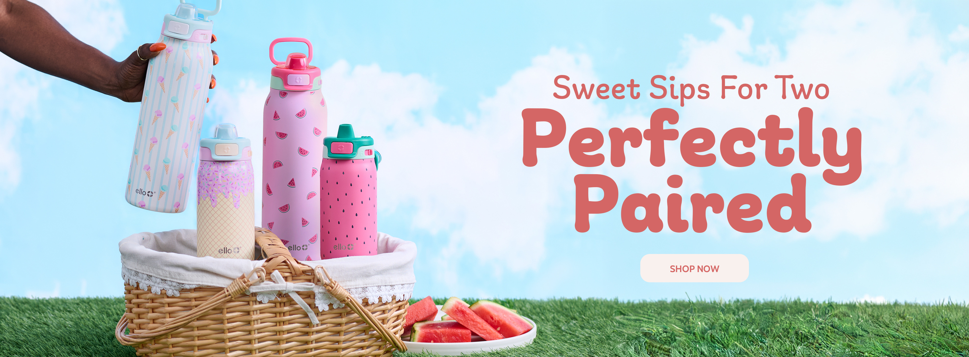 Sweet treats for two, with drinks and a picnic basket.