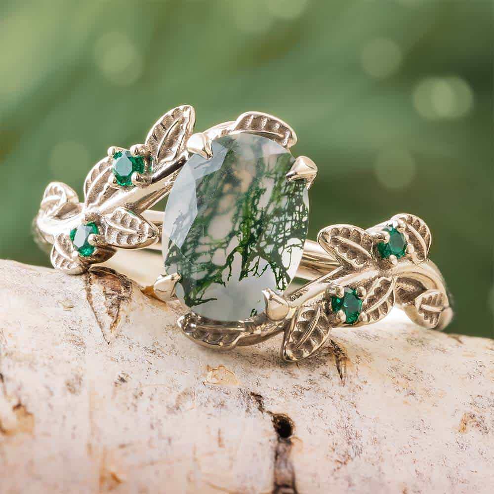 Custom moss agate engagement ring