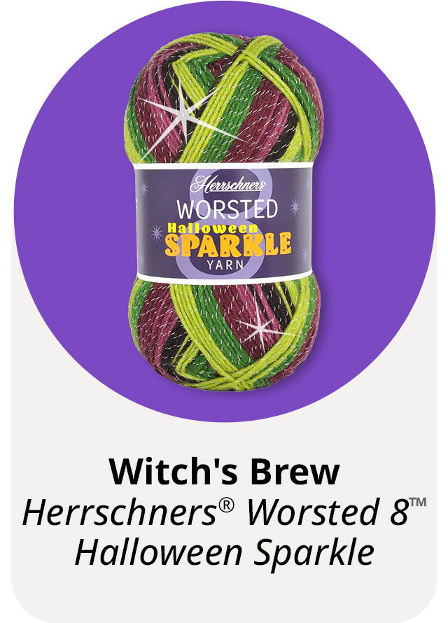 Witch's Brew yarn in green, purple, and yellow with sparkle for Halloween.