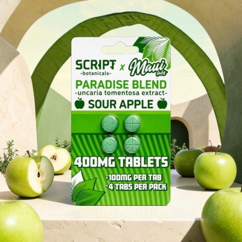 Packaging for Script Paradise Blend Sour Apple tablets with green apples.