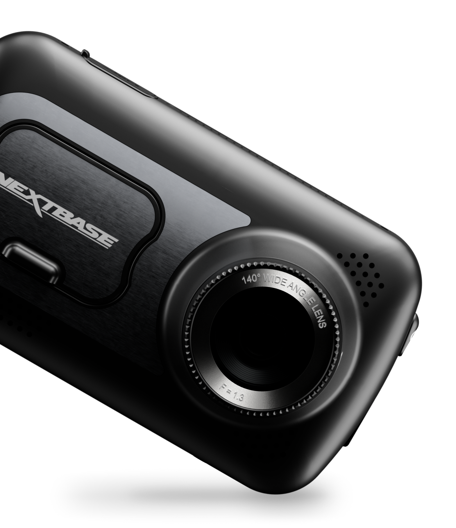 Black camera with a lens and brand logo.