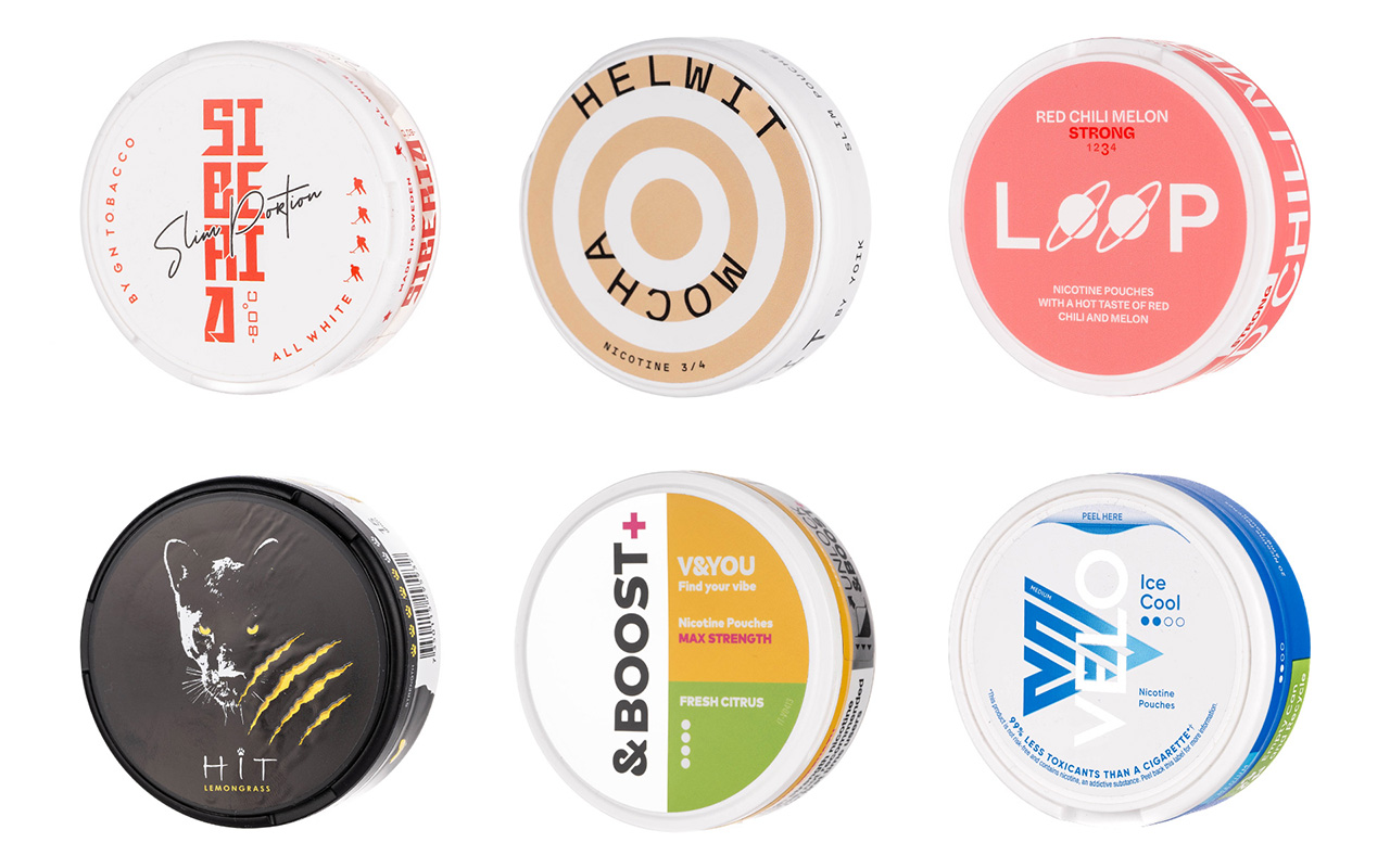 Six nicotine pouch brands arranged in two rows.