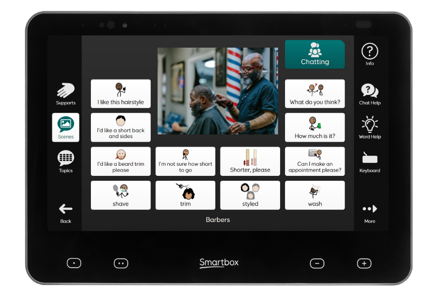 Grid Pad 13 displaying a barber shop interface from Aphasia Duo vocabulary software.