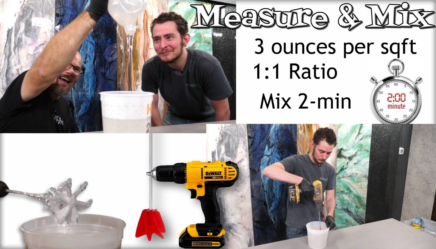 Measure and mix 3 ounces per square foot at a 1:1 ratio for 2 minutes.