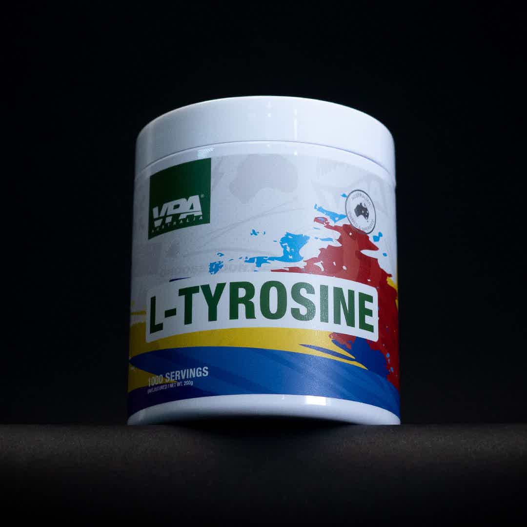 Container of L-Tyrosine dietary supplement on a dark background.
