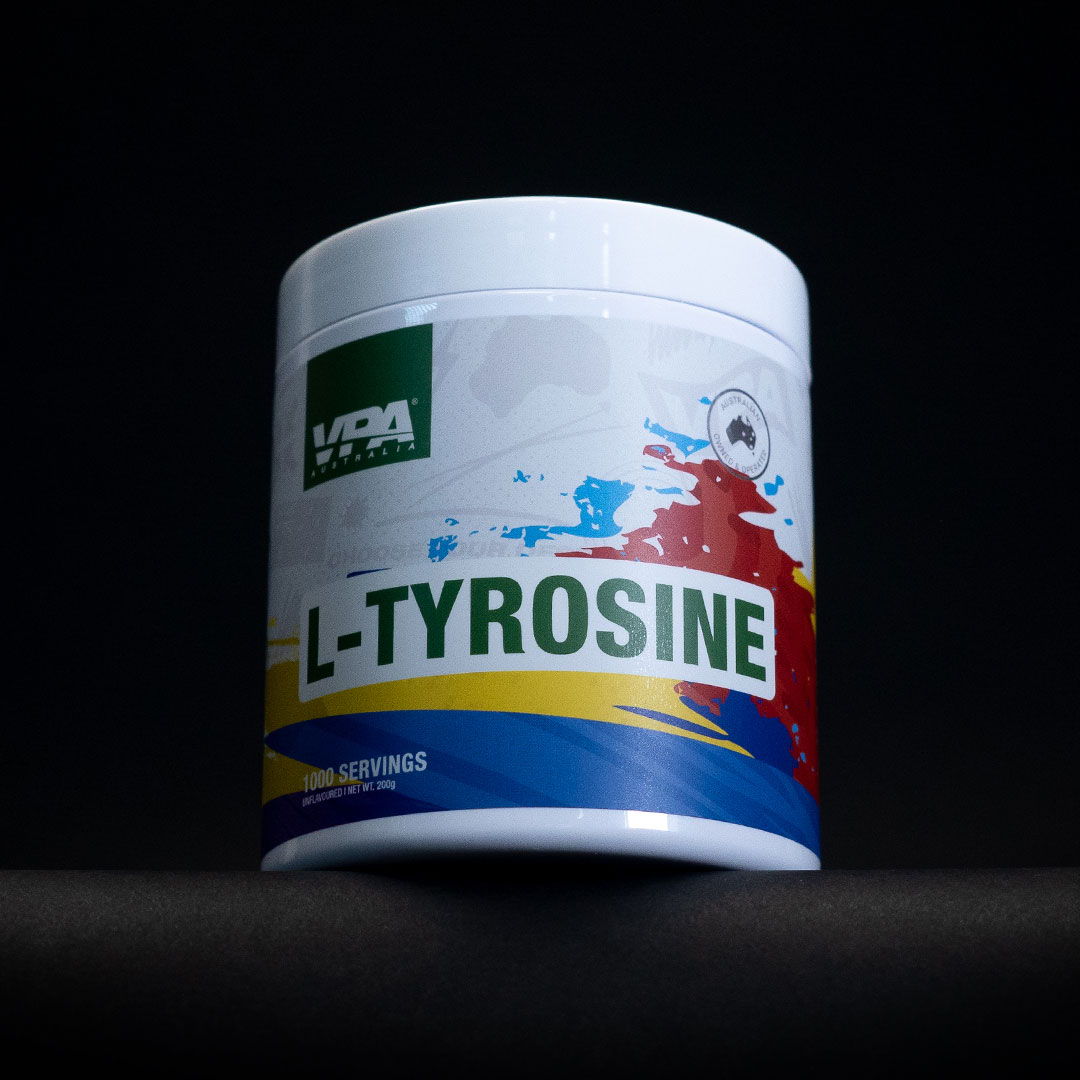 Container of L-Tyrosine dietary supplement on a dark background.