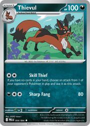Thievul Pokémon card featuring a fox-like character and attack descriptions.