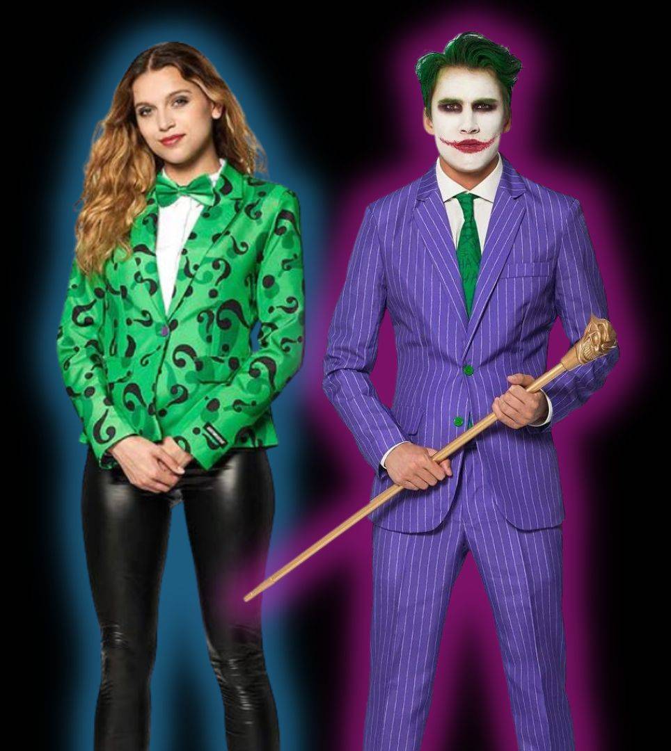 Woman in Riddler costume and man in Joker suit Costume on blue and pink background. Shop all Opposuit costumes.