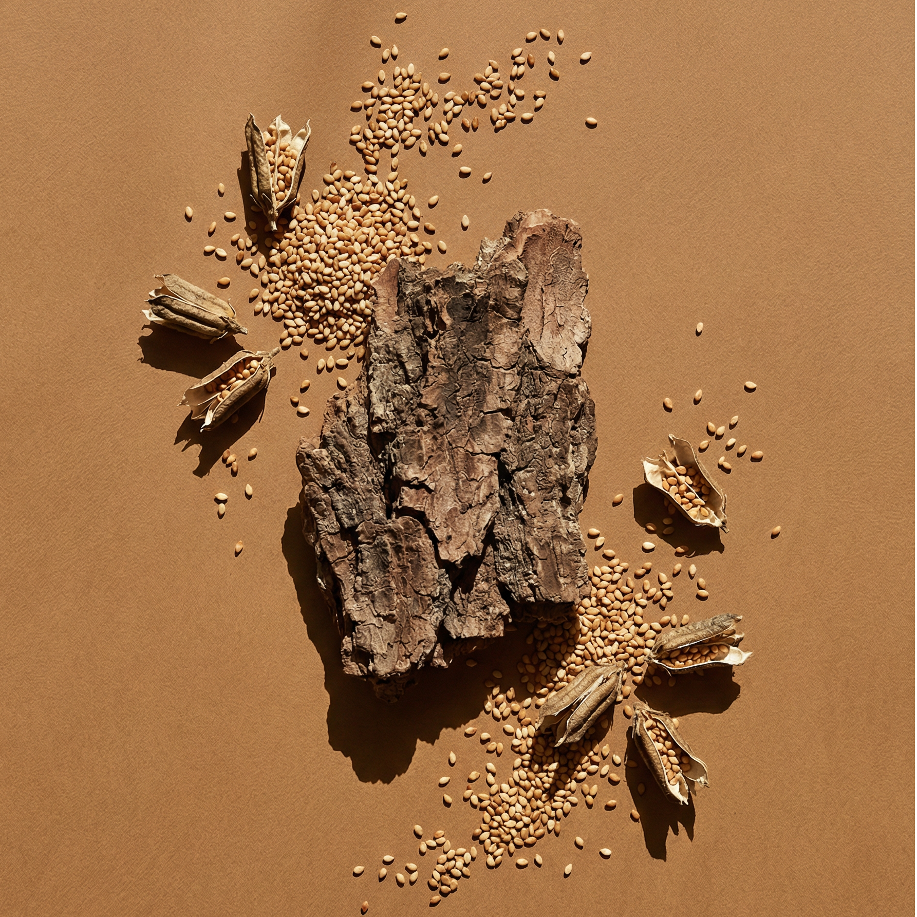A bottle of sesame oil surrounded by black sesame seeds in a glass container.