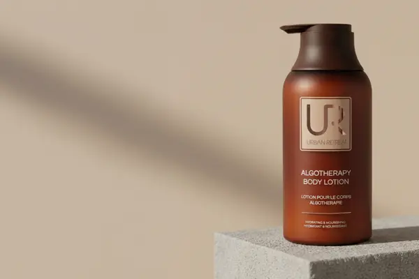 Urban Retreat Algotherapy Body Lotion on a light gray surface with a beige background.