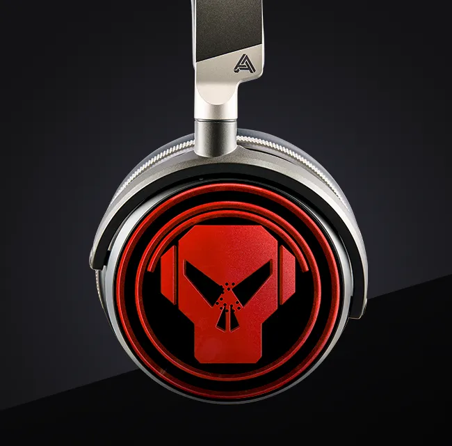 Red skull logo on stylish headphones against a dark background.