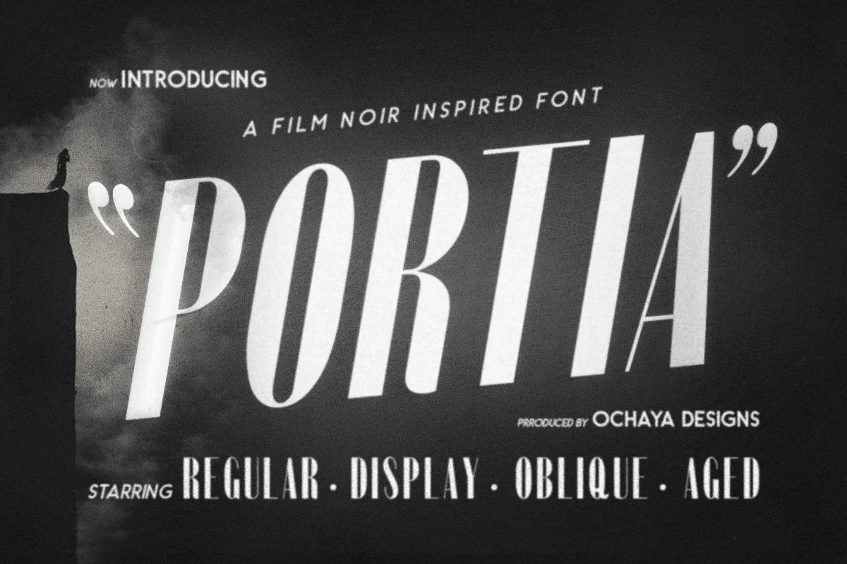 Una fuente sans-serif alta inspirada en el cine negro con esquinas limpias, redondeadas y puntiagudas disponible en un aspecto limpio y envejecido.  Fuentes retro y vintage gratuitas: Portia